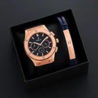 پکیج دستبند پلاک دار+ساعت مچی Hublot طلایی مدل C70|ساعت|آبیک, |دیوار