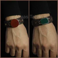 دستبند مردانه چرم با فریم نقره و سنگ اصلی