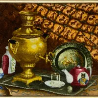 تابلو فرش تبریز آنتیک سماور و تصویر ناصرالدین شاه