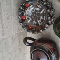 سفالی  هفت پارچه قدیمی خیلی خاص همراه قندان وقوری|کلکسیون اشیاء عتیقه|قم, باجک دو|دیوار