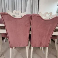 میز ناهارخوری ۶ نفره شیشه‌ای + صندلی مخمل صورتی|میز و صندلی غذاخوری|تهران, قبا|دیوار