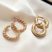 گوشواره حلقه ای دو جفتی ساده و پیچی طلایی