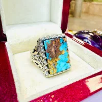 انگشتر فوق لوکس سنگ فیروزه آبی شجری طلایی نیشابوری