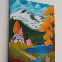تابلو نقاشی کوهستان و رودخانه/بوم