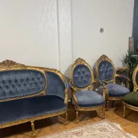 فروش مبل استیل ۷ نفره با روکش مخمل ترک و چوب گردو