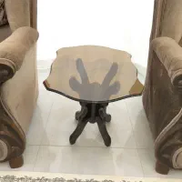 میز جلو مبلی شیشه ای با پایه چوبی