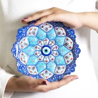 بشقاب دیوارکوب میناکاری مشبک فیروزه ای