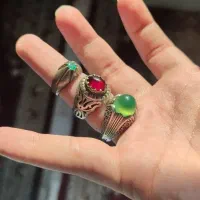 فروش سه عدد انگشتر نقره عقیق و زمرد