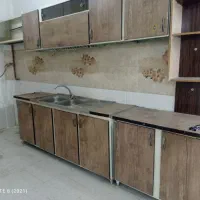 کابینت فلزی با درب چوبی و سینک دوقلو