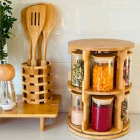 جا ادویه گردان شیشه ای با استند چوبی