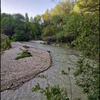 اجاره باغ با 4 سکو کنار روخانه و چشمه اب