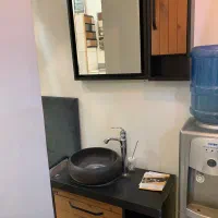 روشویی چوب ترموود به همراه باکس و آینه و کاسه سنگی