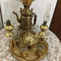 سرویس سماورعتیقه ذغالی و سینی و چراغ قدیمی