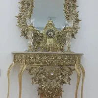 آیینه کنسول و شمعدان و ساعت  برنجی طلایی