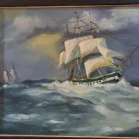 تابلو نقاشی رنگ روغن کشتی در دریا.