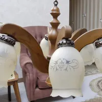 لوستر چوبی شش شاخه، حباب های شیشه ای مات|لوستر و چراغ آویز|کرج, ساماندهی|دیوار