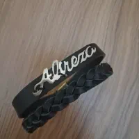 دستبند چرم با پلاک اسم نقره