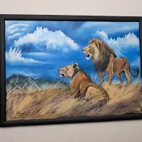 نقاشی رنگ و روغن شیرها در بیشه