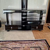 میز تلوزیون شیشه ای دودی با دو کشو