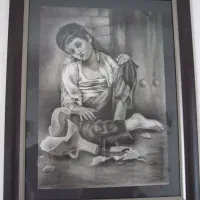 تابلو نقاشی سیاه قلم پسرک با کوزه شکسته