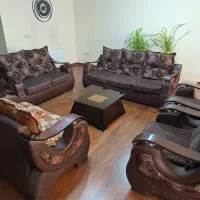 مبل راحتی ۹نفره پارچه ترک بدنه چرم دسته چوبی بامیز