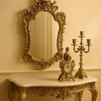 آینه و تک شمعدان با میزو جنس برنج  قلم زنی دست