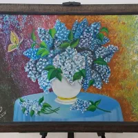 تابلو رنگ روغن گل و پروانه