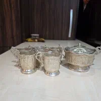 ست آنتیک گیره‌ استکان و قندون برنجی