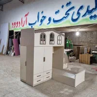 تخت دو طبقه سایز نوجوان کمد دار طرح کلبه|تخت و سرویس خواب|مشهد, خواجه ربیع|دیوار