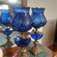 شمعدان آبی کاربنی تراشکاری شده پایه برنجی