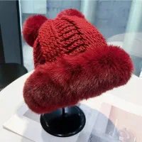 فروش کلاه بافت لبه خز و دو پوم