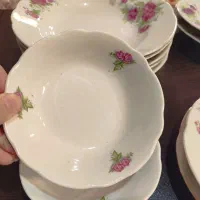 گل سرخی قوری شیشه ای دیس خورشت انتیک قدیمی