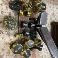 پکیج کامل دمبل بتنی + صفحه و هالتر EZ و نیمکت مدرج