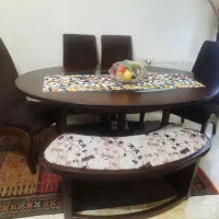 فروش فوری میز ناهار خوری ۶ نفره نیمکت دار چوب گردو