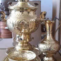 سرویس  کامل سماور گاز سوز تمام برنج قلم دست