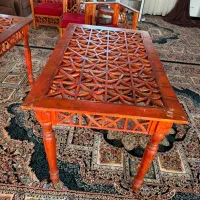 فروش سه عدد میز و چهار عدد صندلی گره چینی چوبی