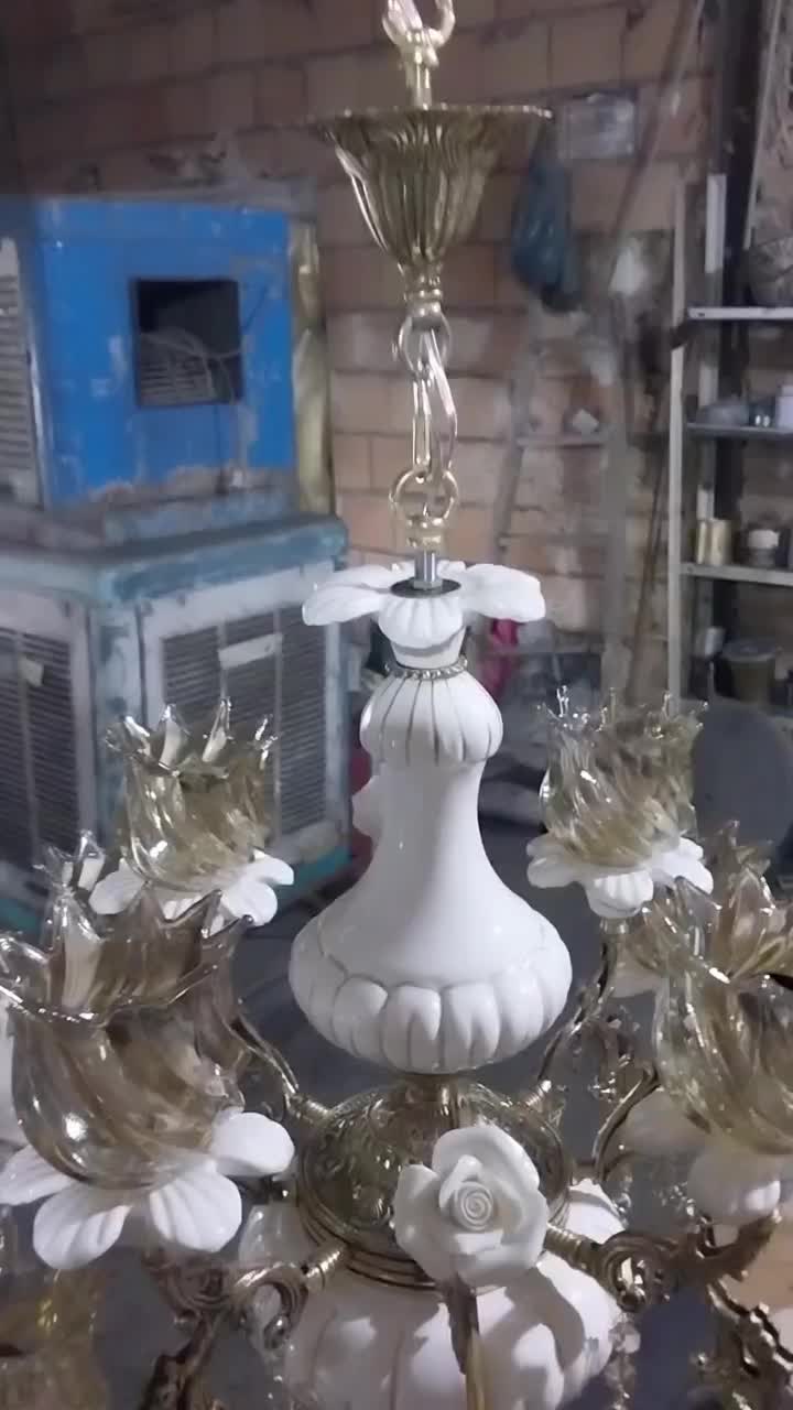 لوستر ۴ شاخه  ترکیبی برنج و سرامیک خطی|لوستر و چراغ آویز|بروجرد, |دیوار