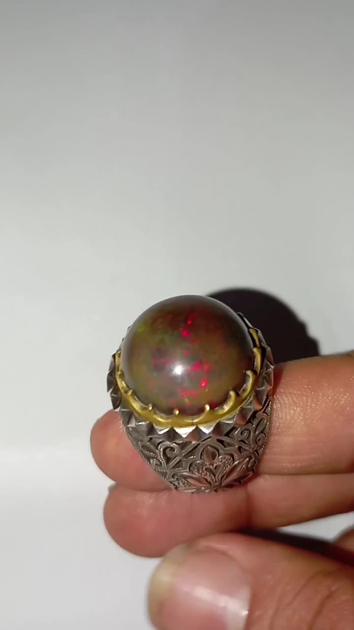 انگشتر نقره با سنگ اپال آتشین اصلی|جواهرات|بندرعباس, |دیوار